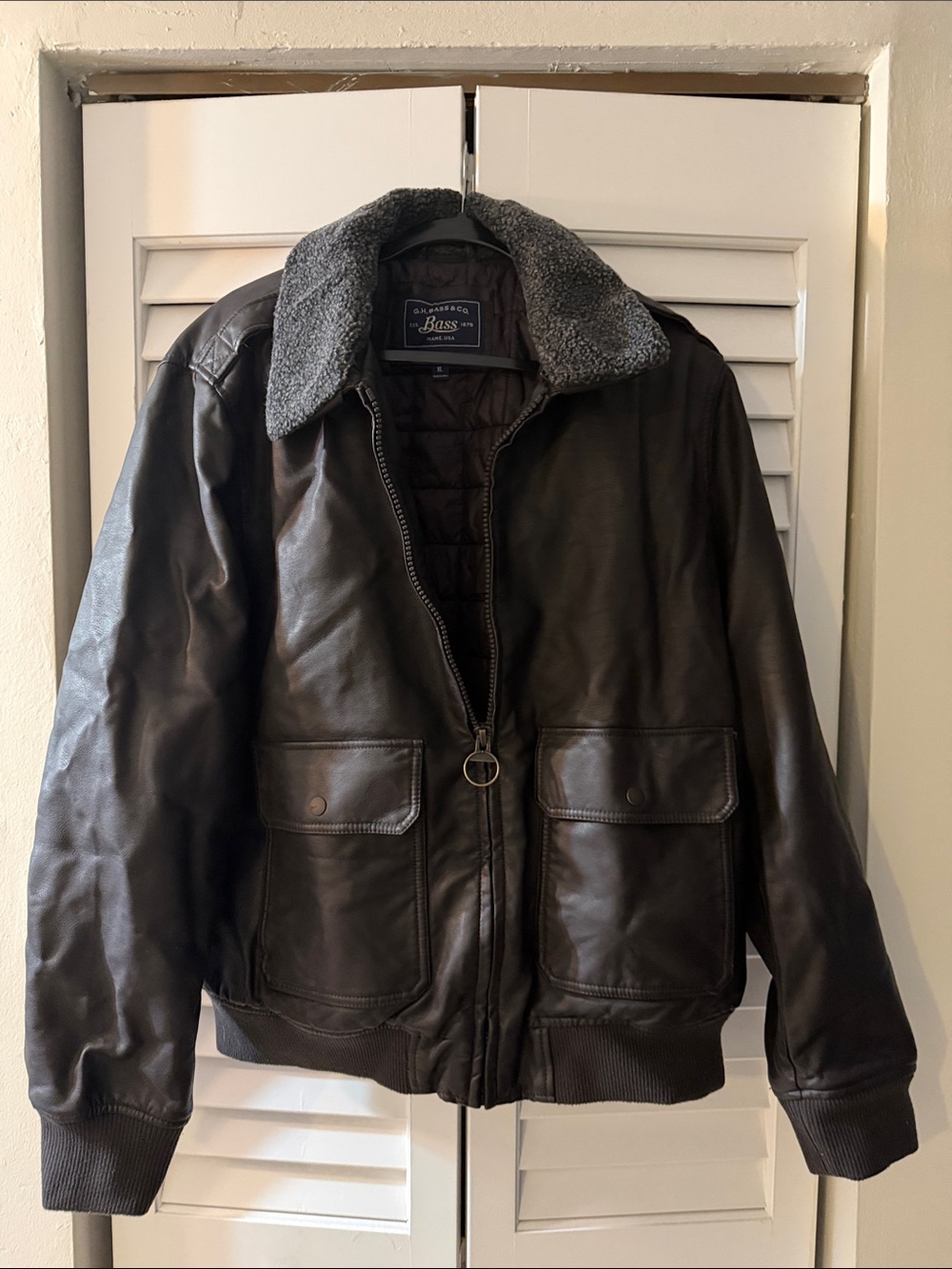 G.H. Bass & Co. Dark Brown Bomber Jacket with Gray Sherpa Collar